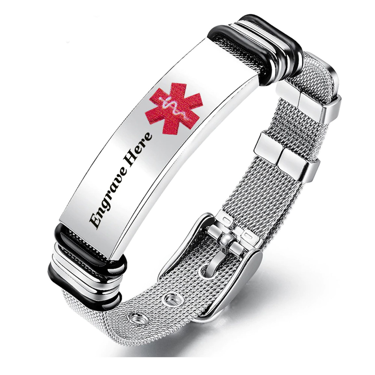 IDtagged Adjustable Nylon Medical Alert ID Bracelet Polished Stainless Steel Tag IDtagged Adjustable Nylon Medical Alert ID Bracelet Polished Stainless Steel Tag