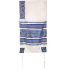  The Twelve Tribes White & Blue Hand Painted Silk Tallit By Yair Emanuel