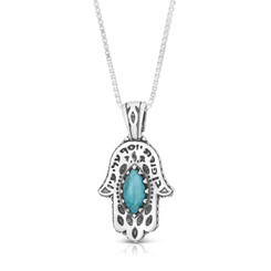 kabbalah Necklace Sterling Silver Hamsa Pendant with Turquoise Stone - Ben Porat Yosef