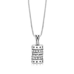 kabbalah Sterling Silver Spinning Cylinder Necklace with Shema Israel Inlaid with white Cubic Zirconia stones
