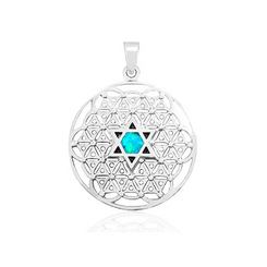 Amazing and high quality round flower of life necklace for a man or woman made of 925 silver Inlaid with a blue opal stone Active