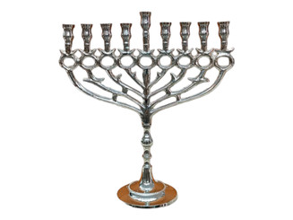 Hanukkah Menorah Pomegranate design 9 Branches Brass Nickel plated Chanukah Candle Holder 12"