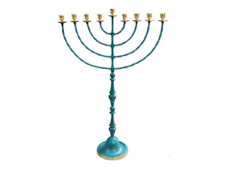 Menorah Hanokia Jcandel holder modern  For chanukah jerusalem Temple 37 Inch Height 94 cm 9 Branches Brass patina plated XL blue Color