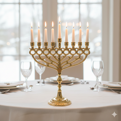 rass Hanukkah Menorah, Gold-Color 9-Branch Chanukiah, Ornate Tree of Life Design, 10" Tall Judaica Holiday Centerpiece