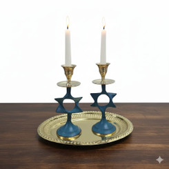 Premium Star of David Candlestick Set with Blue Patina Brass Finish and Gold Display Tray | Modern Judaica Shabbat Gift 