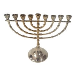Traditional 9-branch Hanukkah Menorah made of solid polished copper, handcrafted Judaica art from Israel for holiday celebrations.
