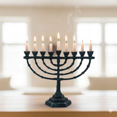 Miniature 9-branch Hanukkah Menorah with a unique blue patina verdigris finish over solid copper, handcrafted rustic Judaica from Israel.