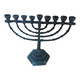 Miniature 9-branch Hanukkah Menorah with a unique blue patina verdigris finish over solid copper, handcrafted rustic Judaica from Israel.