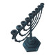 Miniature 9-branch Hanukkah Menorah with a unique blue patina verdigris finish over solid copper, handcrafted rustic Judaica from Israel.