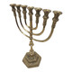 Vintage handcrafted brass menorah 7 branch Jerusalem Temple design solid copper Judaica 13 inches tall hexagonal base
