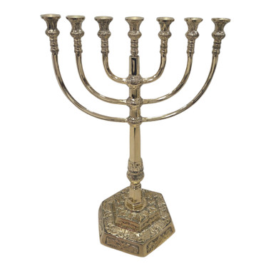 Jerusalem Temple Menorah 7 Branch Solid Brass 18.5 inches tall 8.2 lbs - Heavy Duty Museum Quality Israeli Judaica Candelabra with Ornate Hexagonal Base - Front View