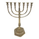 Jerusalem Temple Menorah 7 Branch Solid Brass 18.5 inches tall 8.2 lbs - Heavy Duty Museum Quality Israeli Judaica Candelabra with Ornate Hexagonal Base - Front View