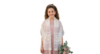 Women Girl Silk Organza Tallit - Pure White Floral Embroidery (78" x 20")