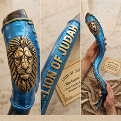 Royal Blue Lion of Judah Leather Covered Kudu Shofar 36"-40" | Authentic Yemenite Horn