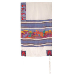  The Twelve Tribes White Hand Painted Silk Tallit By Yair Emanuel