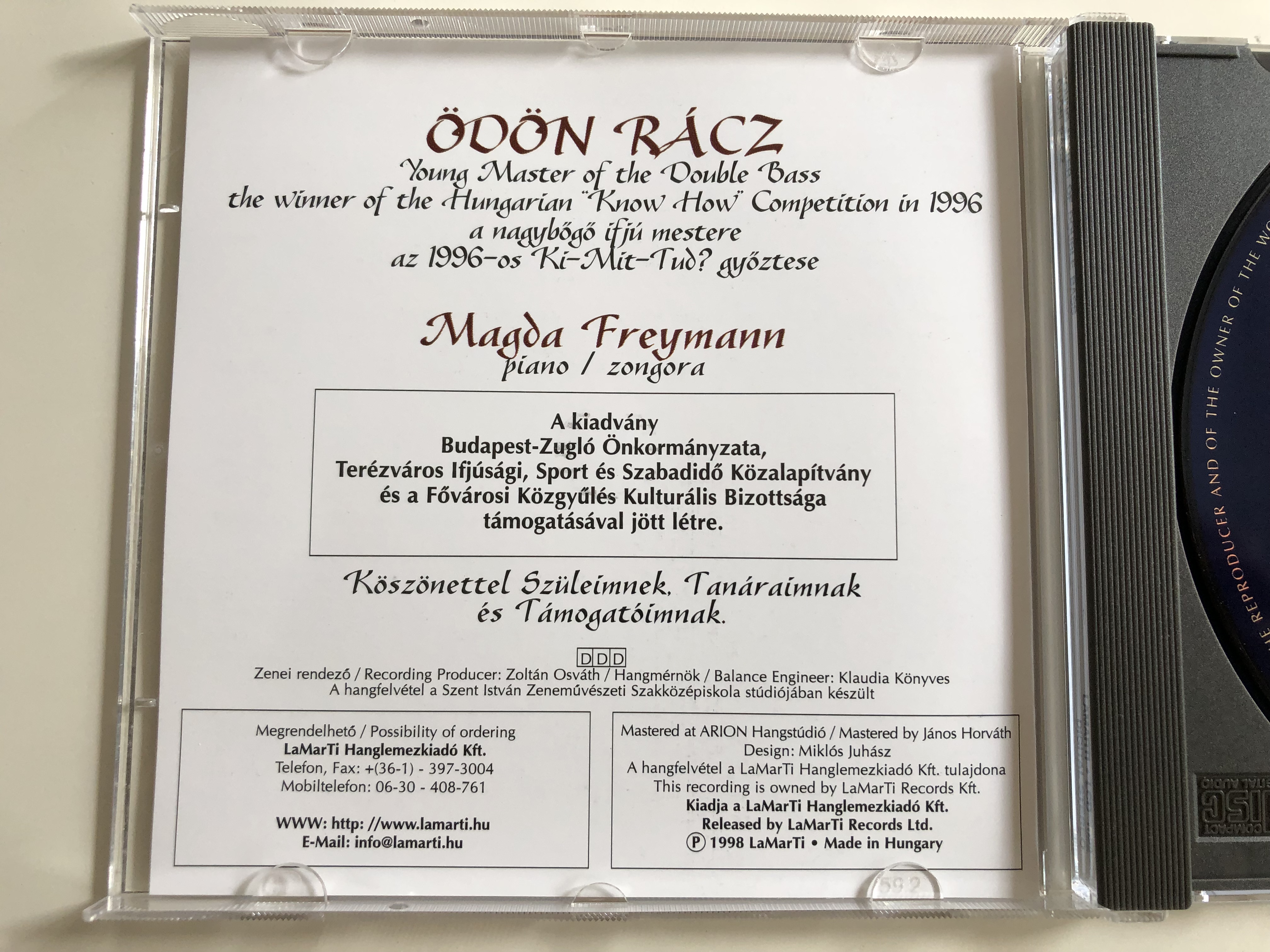 Ödön Rácz - Young Master of the Double Bass the winner of the Hungarian  ''Know How'' Competition in 1996 / Piano: Magda Freymann / Works By:  Sperger, Geissel, Fryba, Koussevitzky, Bottesini, Mate