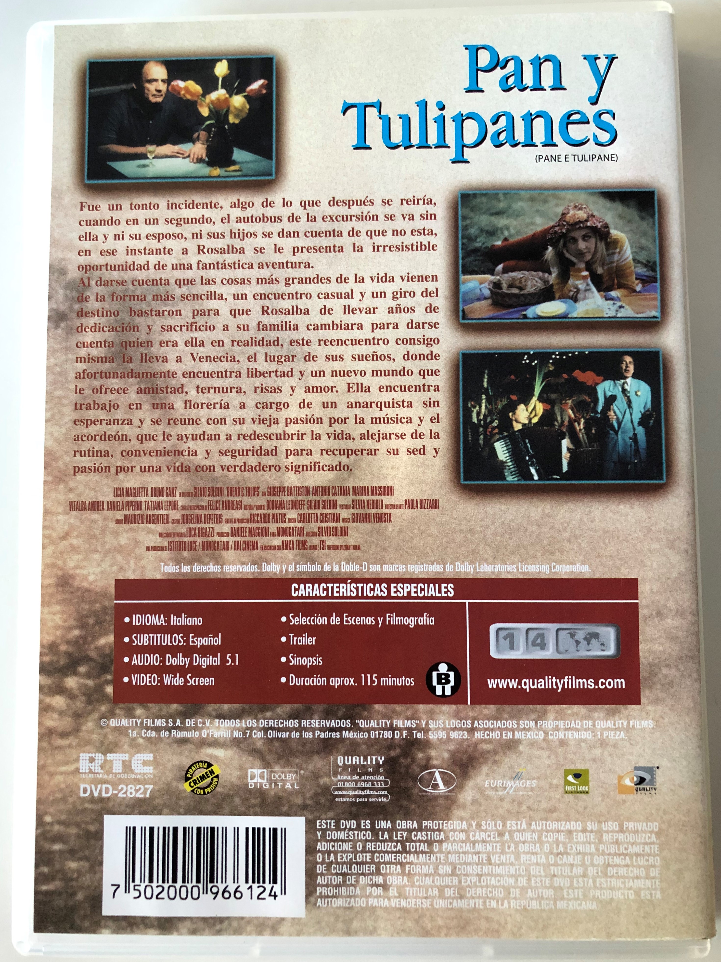 Pane E tulipane DVD 2000 Pan y Tulipanes (Bread and Tulips) / Directed by  Silvio Soldini / Starring: Licia Maglietta, Bruno Ganz, Giuseppe Battiston  - bibleinmylanguage