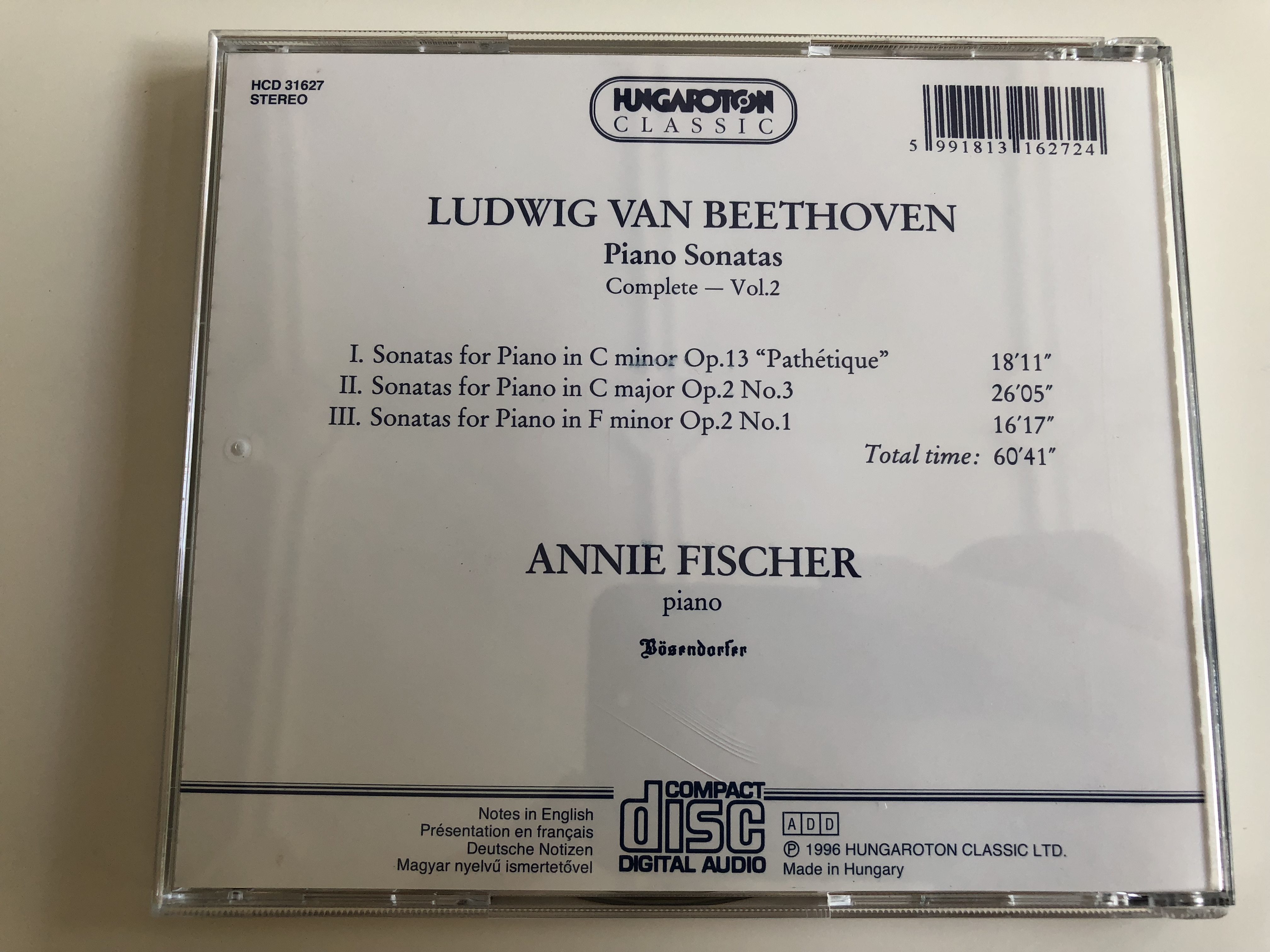 Annie Fischer - Beethoven Piano Sonatas - Complete Vol. 2 / C Minor Op. 13  "Pathetique", C Major Op. 2 No.3, F Minor Op. 2 No.1 / Audio CD 1996 /  Hungaroton Classic / HCD 31627 - bibleinmylanguage