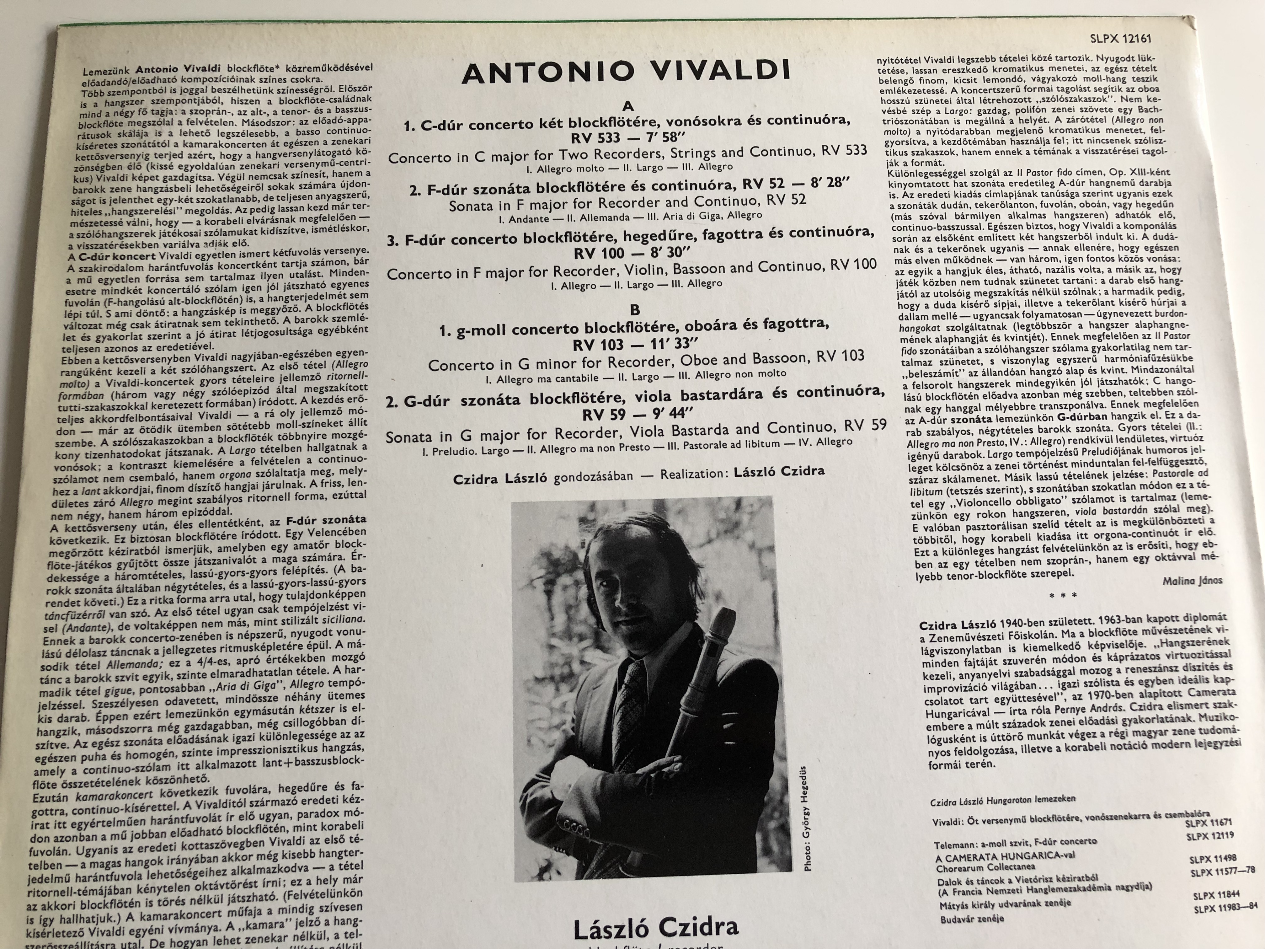 Antonio Vivaldi - Three Concerti Two Sonatas / László Czidra / Liszt Ferenc  Chamber Orchestra Budapest / János Rolla / HUNGAROTON LP STEREO / SLPX  12161 - bibleinmylanguage