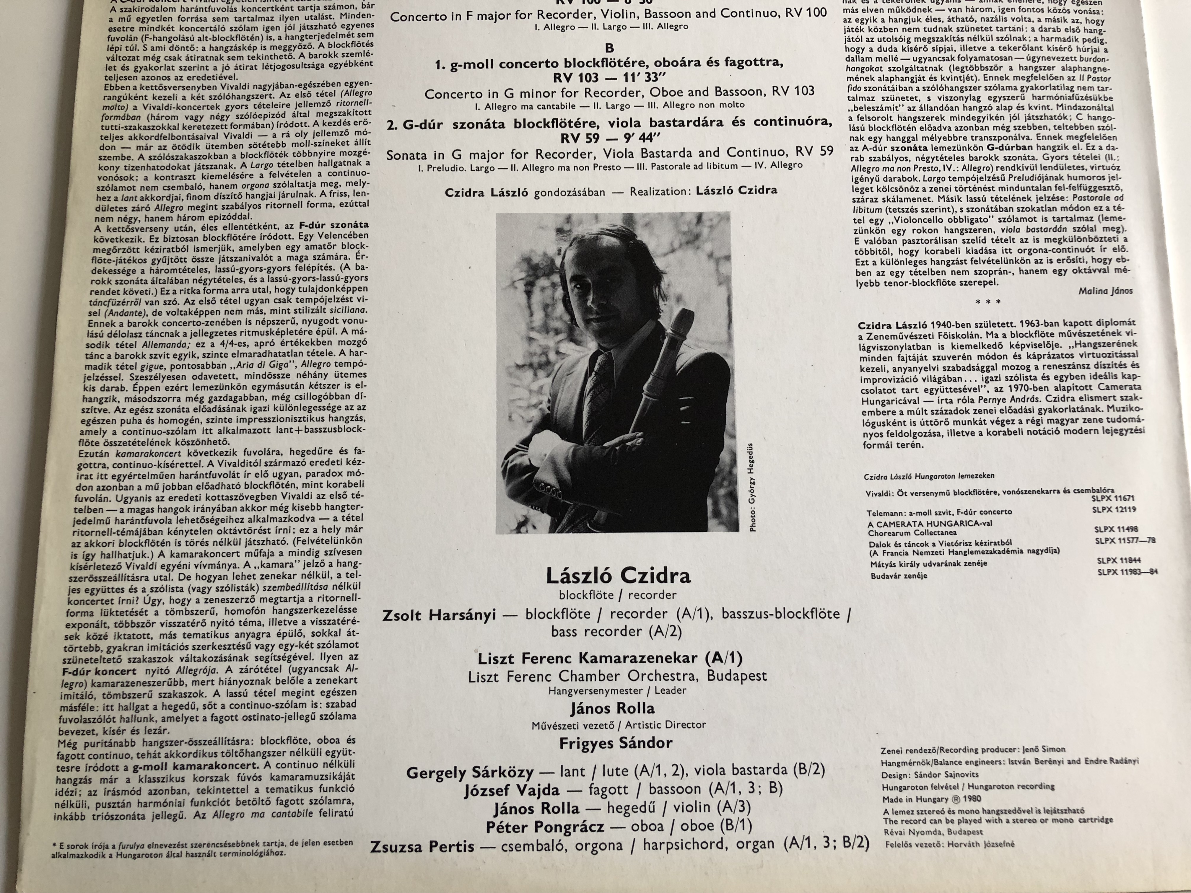 Antonio Vivaldi - Three Concerti Two Sonatas / László Czidra / Liszt Ferenc  Chamber Orchestra Budapest / János Rolla / HUNGAROTON LP STEREO / SLPX  12161 - bibleinmylanguage