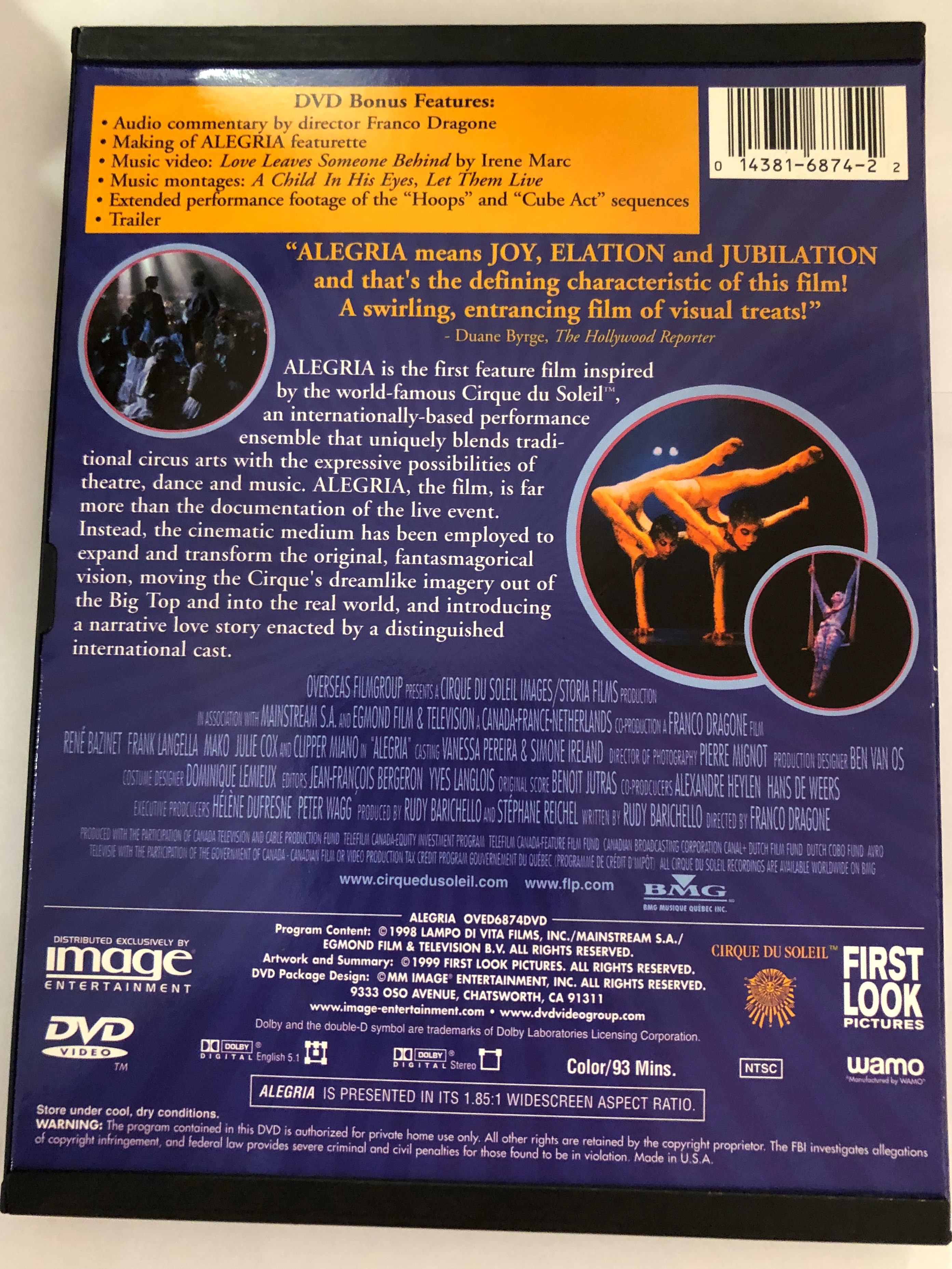 Cirque du Soleil presents - Alegria - An enchanting Fable DVD 1998 /  Directed by y Franco Dragone / Starring: Frank Langella, Mako, Julie Cox,  René Bazinet, Whoopi Goldberg - bibleinmylanguage
