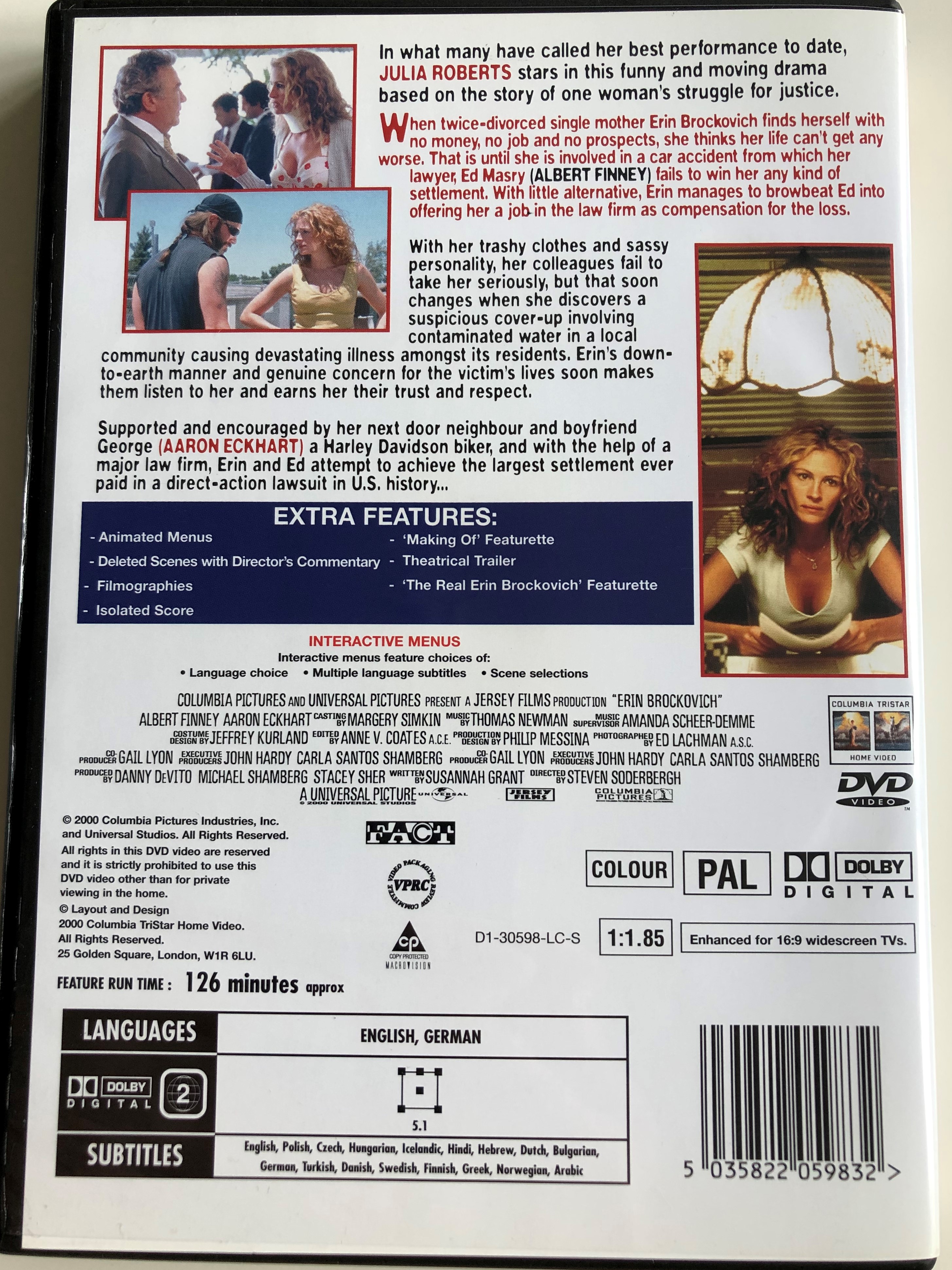 Erin Brockovich DVD 2000 / Based on a true story / Directed by Steven  Soderbergh / Starring: Julia Roberts, Albert Finney, Aaron Eckhart -  bibleinmylanguage