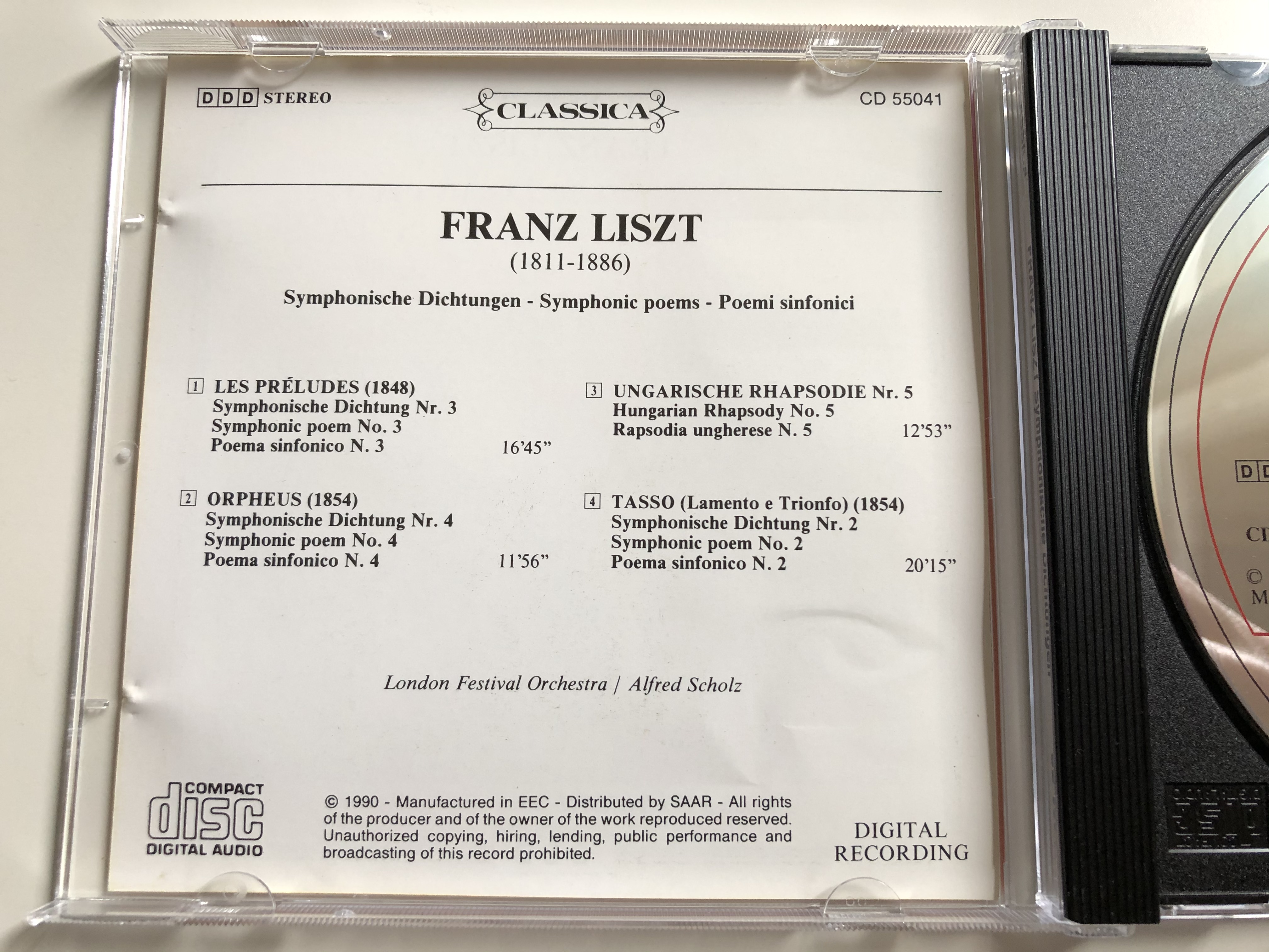 Franz Liszt - Symphonische Dichtungen / Les Preludes, Orpheus, Tasso /  Ungarische Rhapsodie Nr. 5 / London Festival Orchestra, Alfred Scholz / EEC  Audio CD 1990 Stereo / CD 55041 - bibleinmylanguage