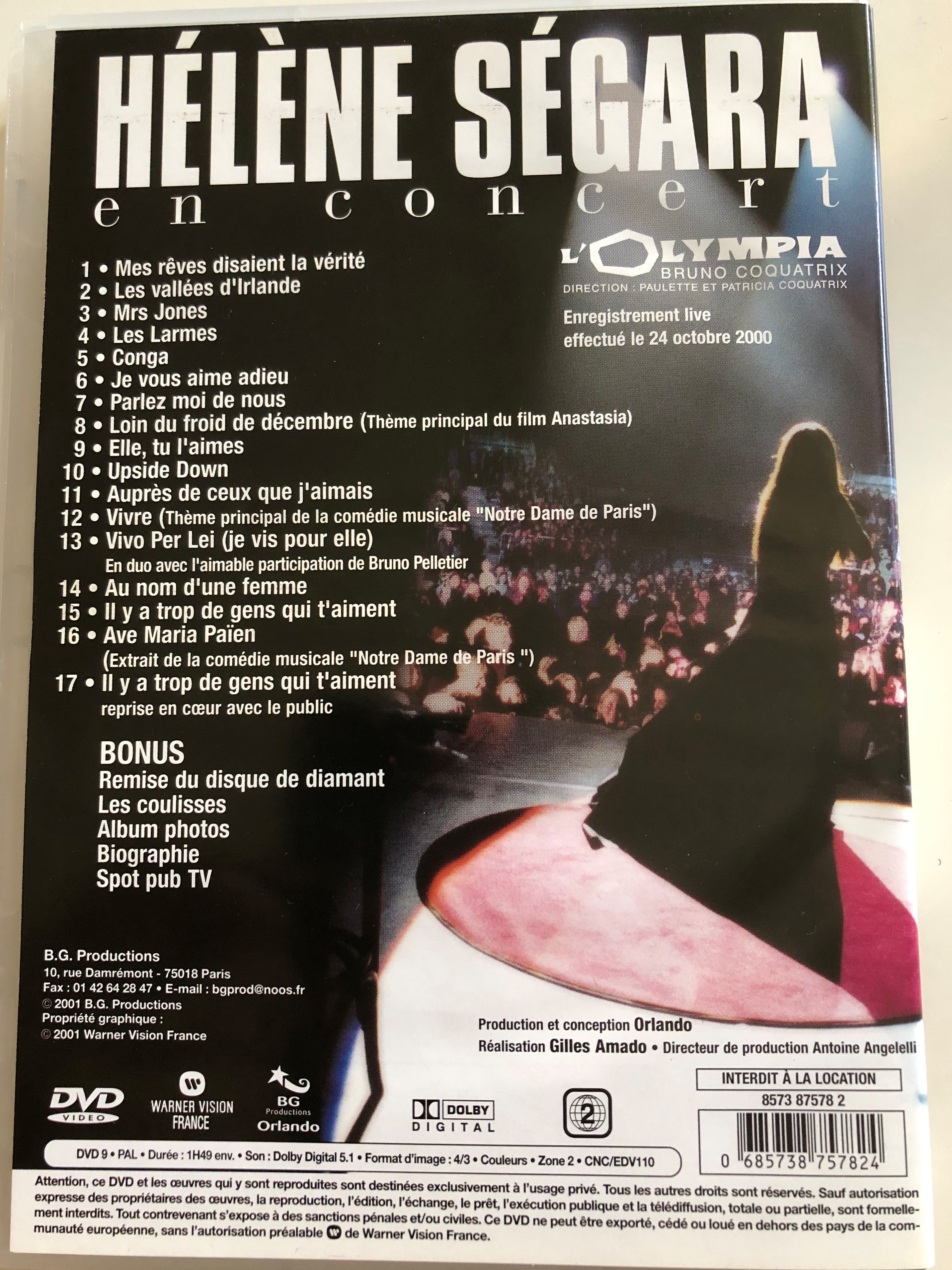 Héléne Ségara en concert DVD 2001 / Directed by Paulette & Patricia  Coquatrix / Recorded live in october 2000 / B.G. Productions / Warner  Vision France - bibleinmylanguage