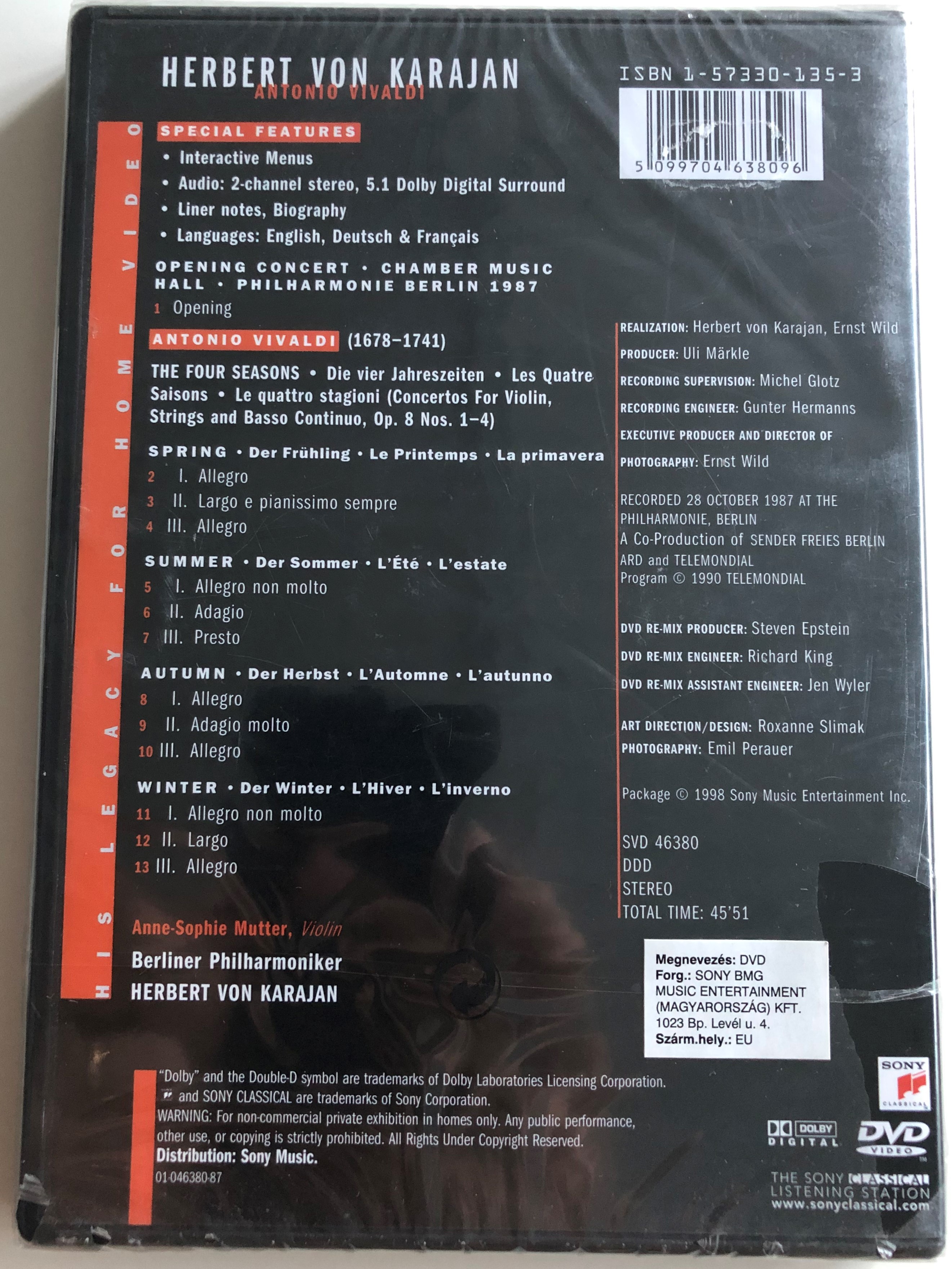 Herbert Von Karajan - Berliner Philharmoniker: Antonio Vivaldi - The Four  Seasons / Anne-Sophie Mutter, violin Sony Music DVD 1998 / SVD 46380 -  bibleinmylanguage