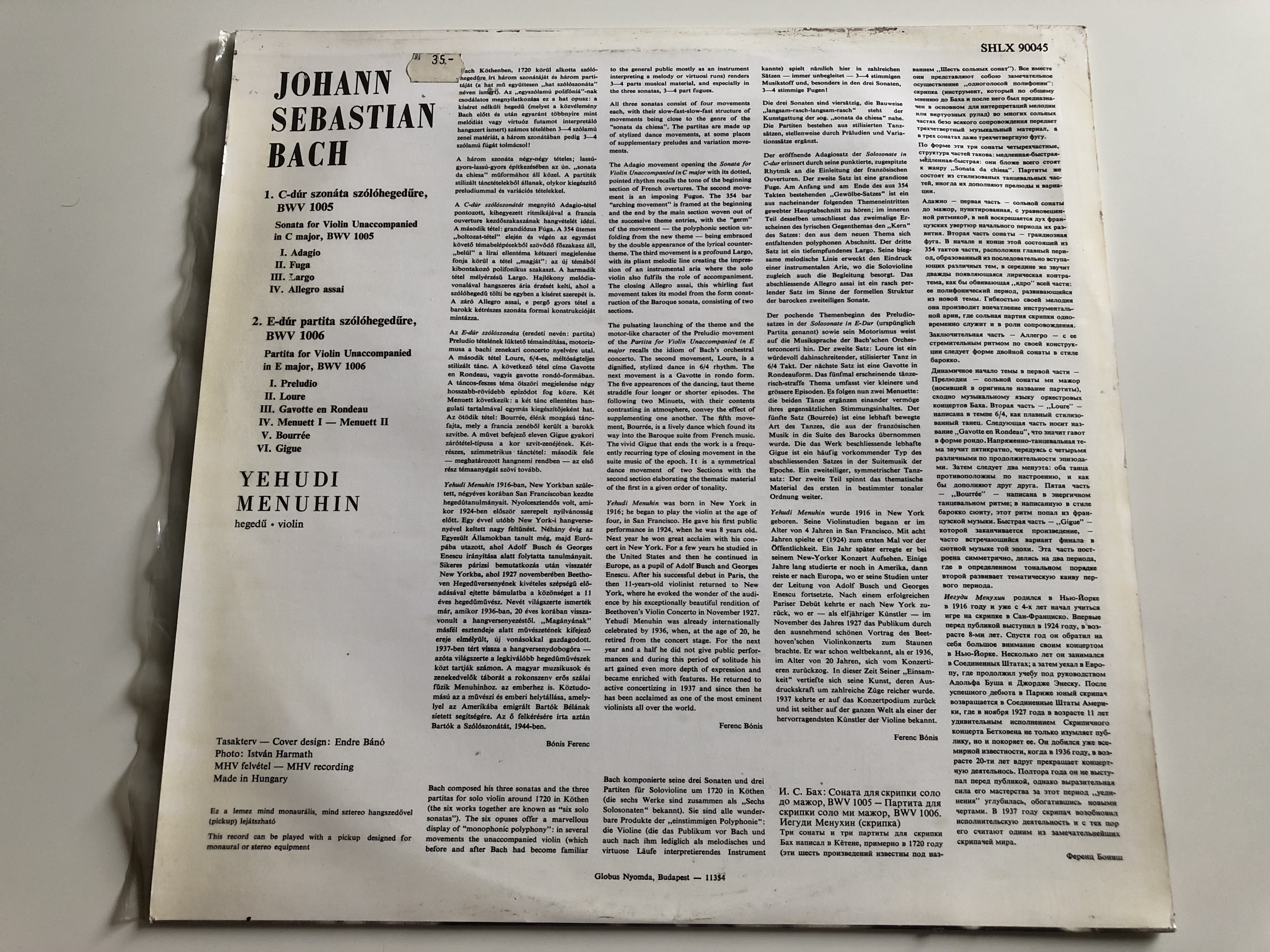 J. S. Bach - Sonata For Violin Unaccompanied In C Major, BWV 1005 / Partita  For Violin Unaccompanied In E Major, BWV 1006 / Yehudi Menuhin ‎/  HUNGAROTON LP STEREO - MONO / SHLX 90045 - bibleinmylanguage