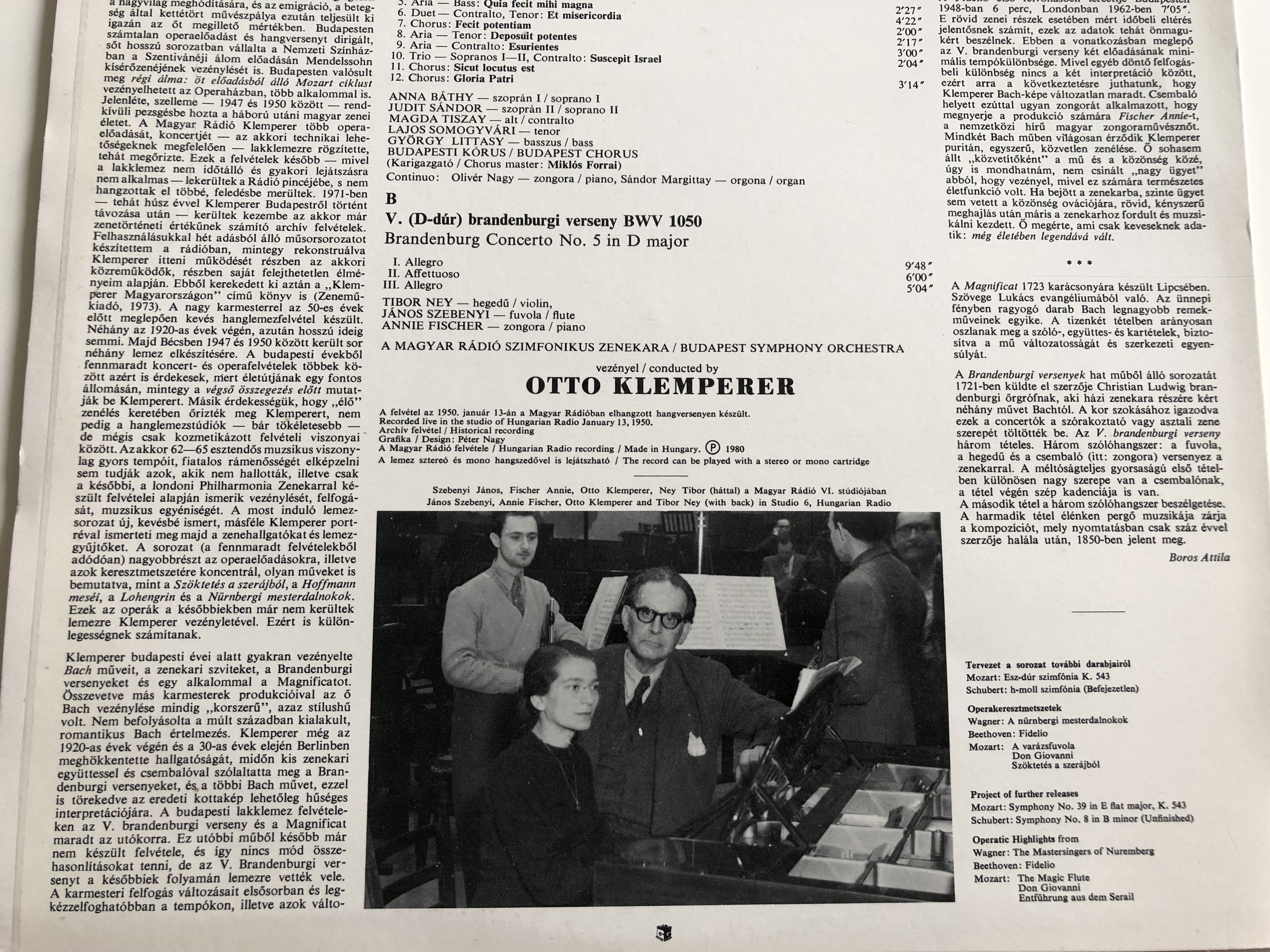 Klemperer / J. S. Bach ‎– Magnificat, Brandenburg Concerto No. 5 / in  Budapest 1948-50 / Live Recordings 1. / HUNGAROTON LP MONO / LPX 12160 /  Piano – Annie Fischer - bibleinmylanguage