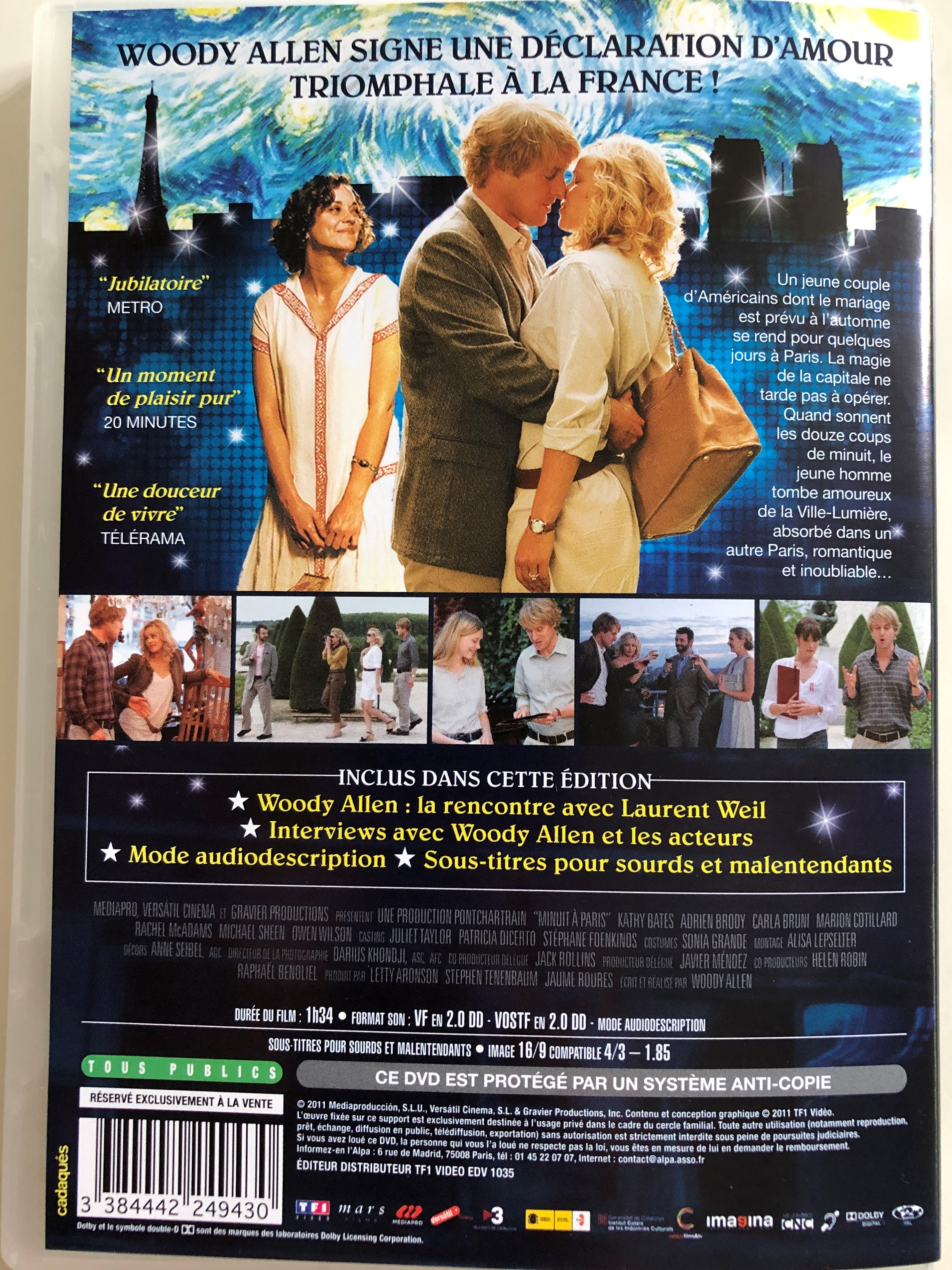 Midnight in Paris DVD 2011 Minuit à Paris / Directed by Woody Allen /  Starring: Kathy Bates, Adrien Brody, Carla Bruni, Marion Cotillard, Rachel  McAdams, Michael Sheen, Owen Wilson - bibleinmylanguage