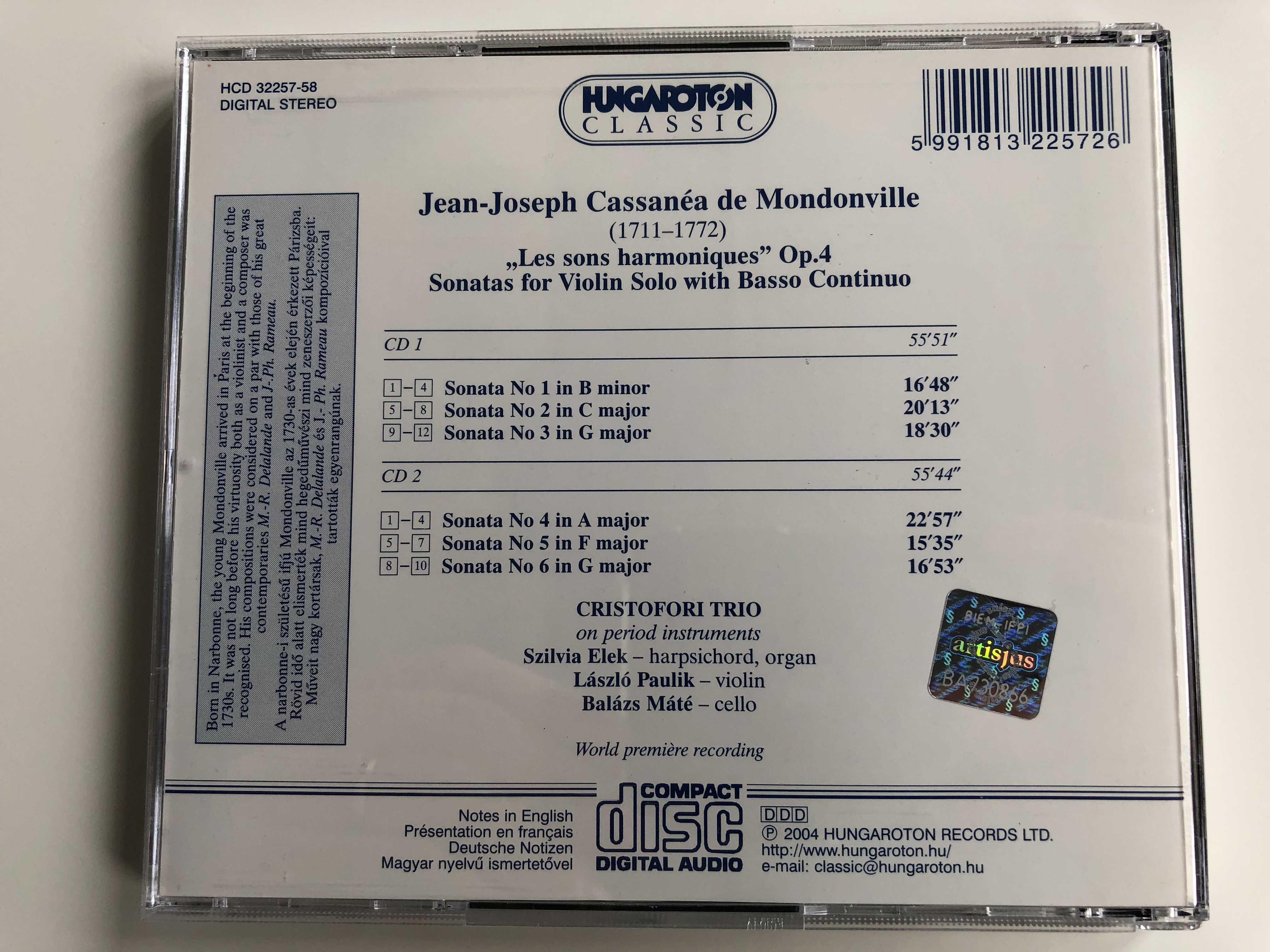 Mondonville - Les Sons Harmoniques / Cristofori Trio on period instruments  / Szilvia Elek - harpsichord, organ / Laszlo Paulik - violin / Balazs Mate  - cello / Hungaroton Classic 2x Audio CD 2004 Stereo / HCD 32257-58 -  bibleinmylanguage