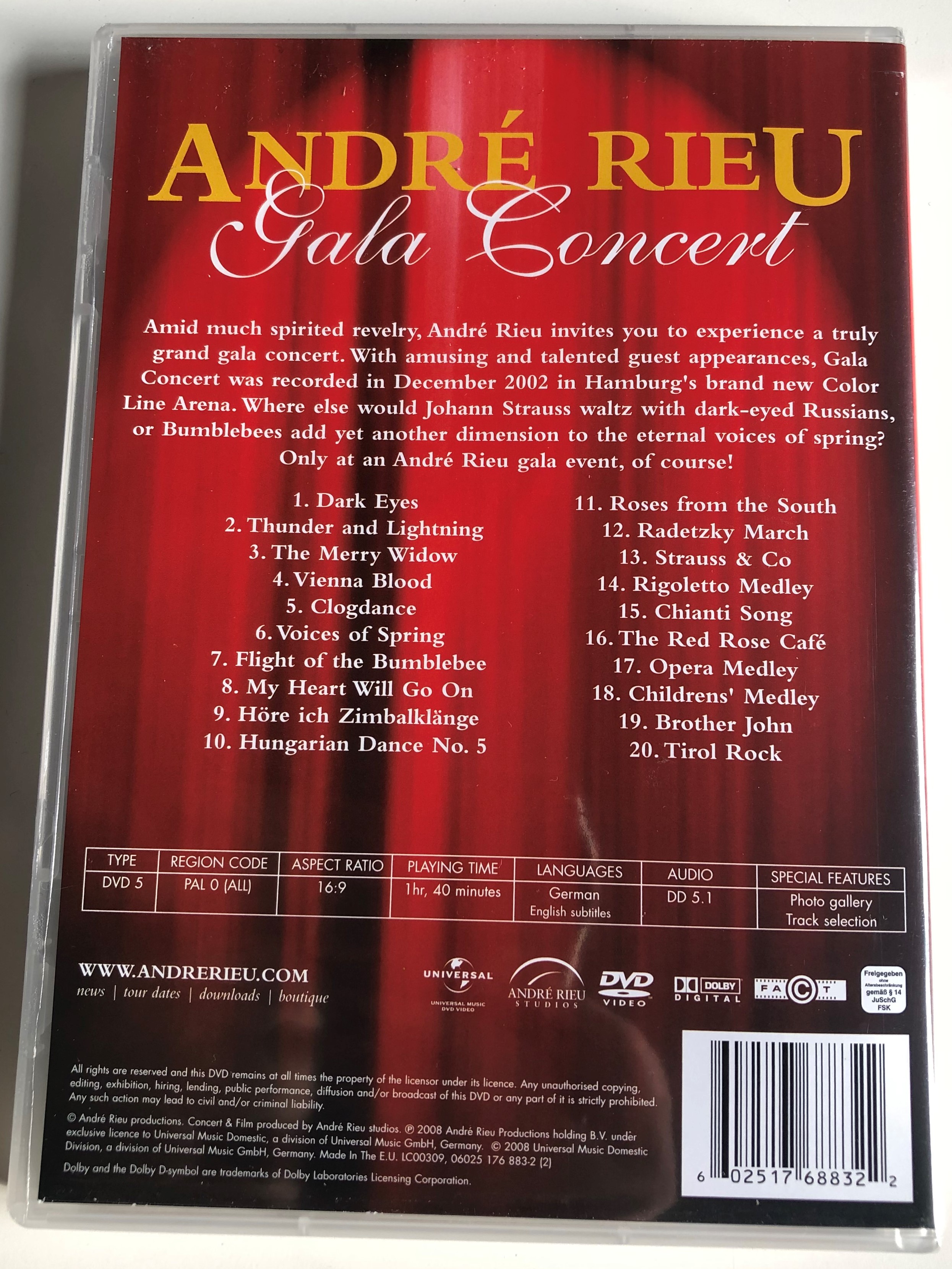 André Rieu Gala Concert DVD 2008 Hamburg Color Line Arena 2002 / Dark Eyes,  Vienna Blood, Hungarian Dance No. 5, Roses from the South / Universal music  / LC00309 - bibleinmylanguage