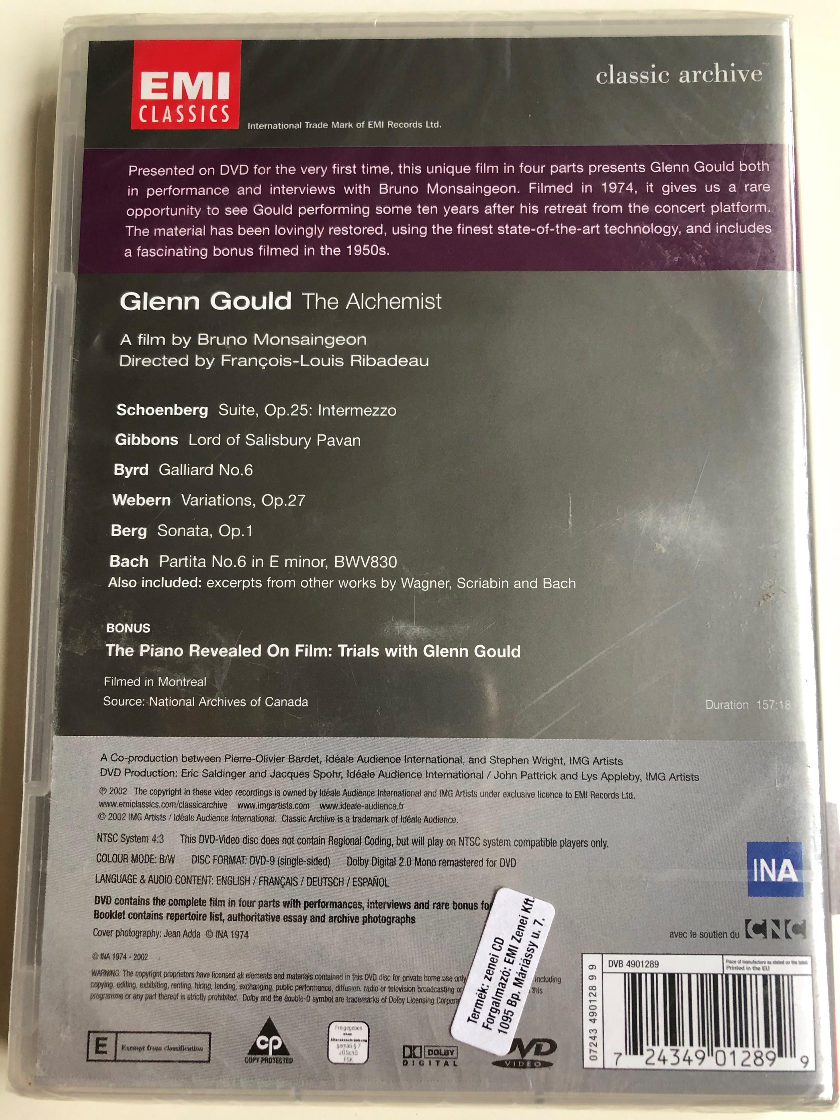 Glenn Gould - The Alchemist DVD A film by Bruno Monsaingeon / Directed by  Francois-Louis Ribadeau / Emi Classics Archive / Schoenberg suite Op. 25,  Byrd Galliard No.6, Berg - Sonata Op.1 / Filmed in Montreal -  bibleinmylanguage