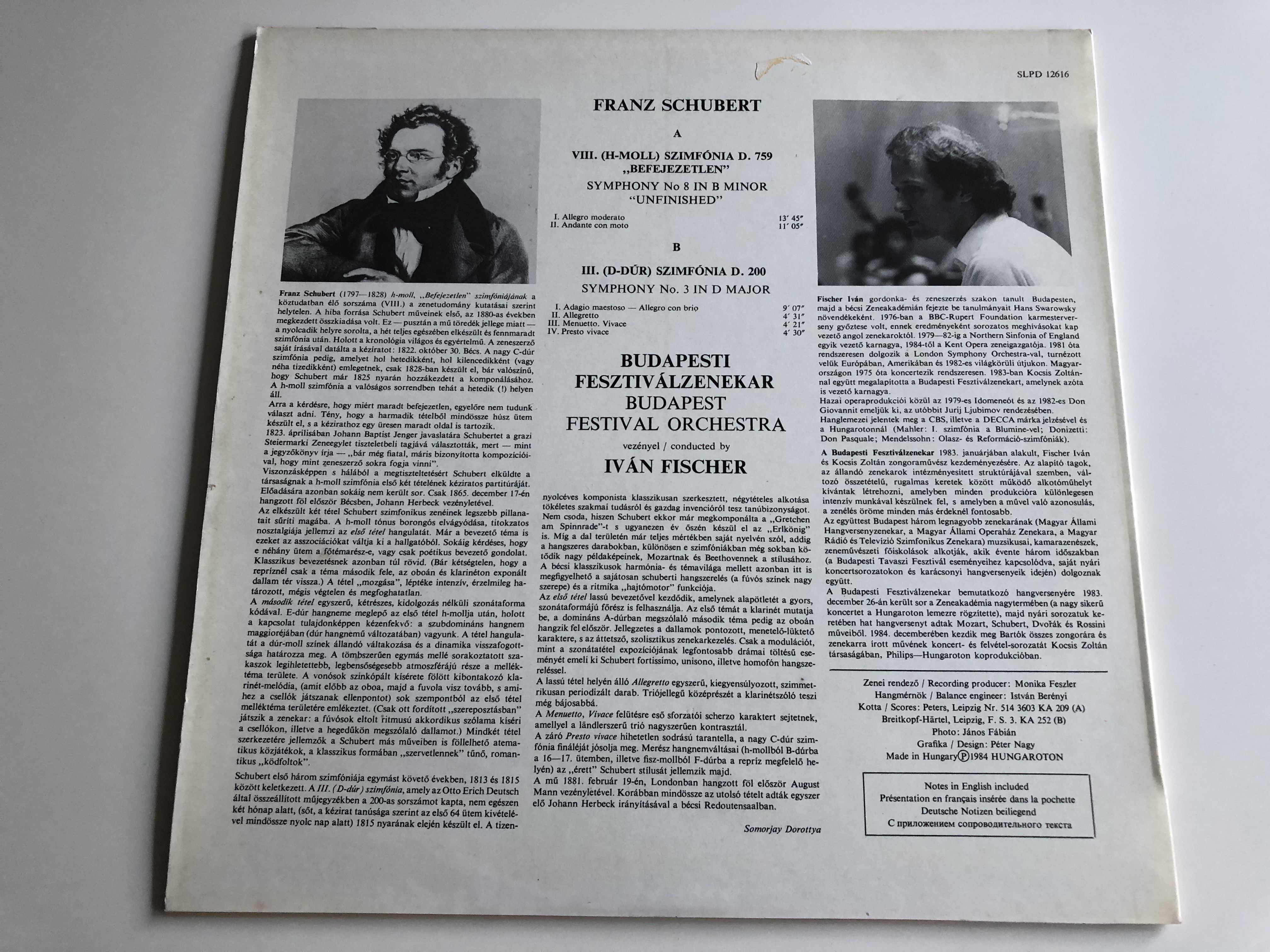 My　STEREO　in　Schubert　LP　Fischer　Symphony　Orchestra　Budapest　Language　Ivan　In　Conductor:　No.　12616　SLPD　D　In　B　No.　Symphony　DIGITAL　Minor　Unfinished　HUNGAROTON　Major　Festival　Bible