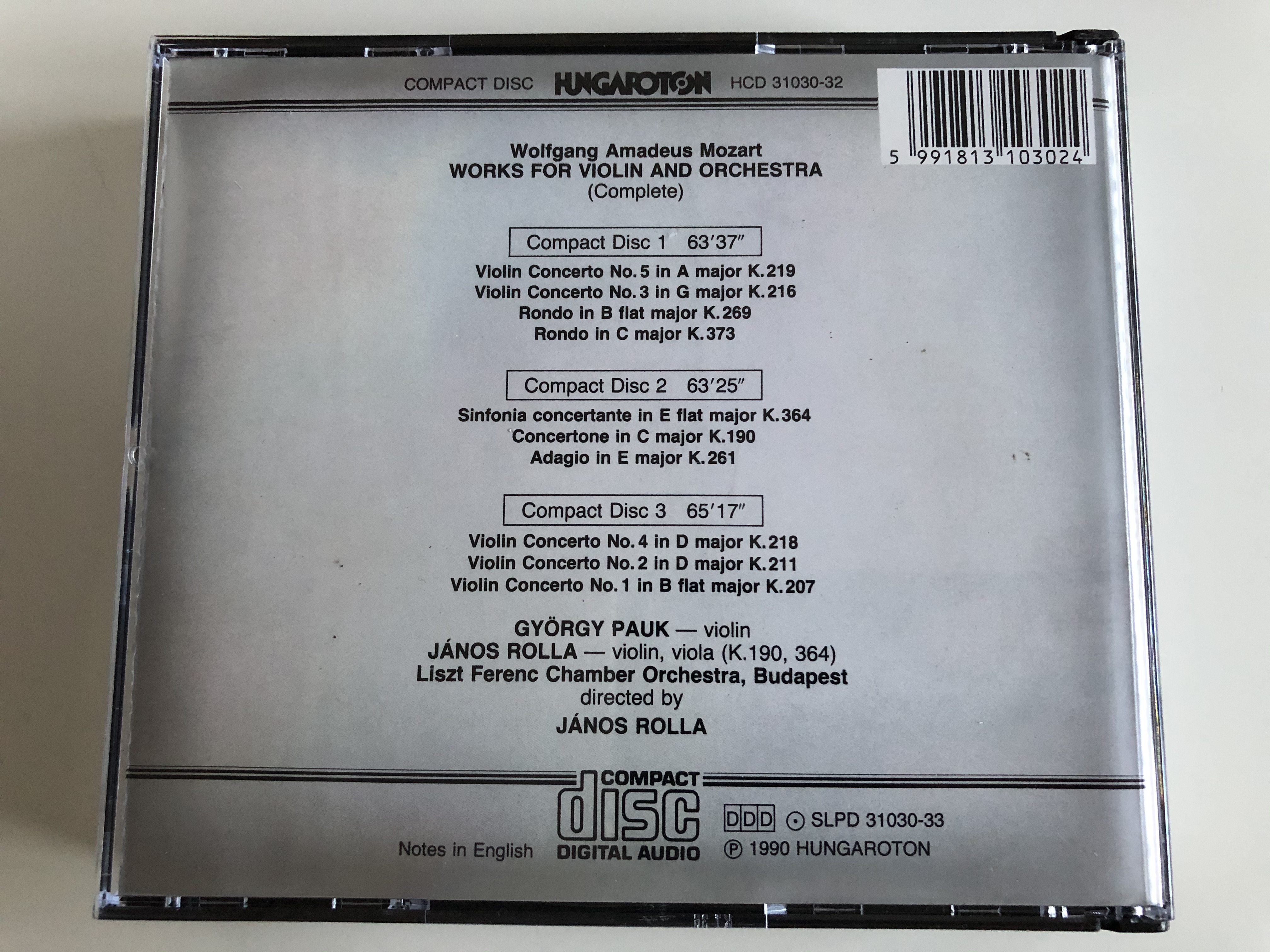 W. A. Mozart - Works For Violin & Orchestra: Complete / György Pauk, János  Rolla, Liszt Ferenc Chamber Orchestra, Budapest / Hungaroton Classic 3x  Audio CD 1995 Stereo / HCD 31030-32 - bibleinmylanguage