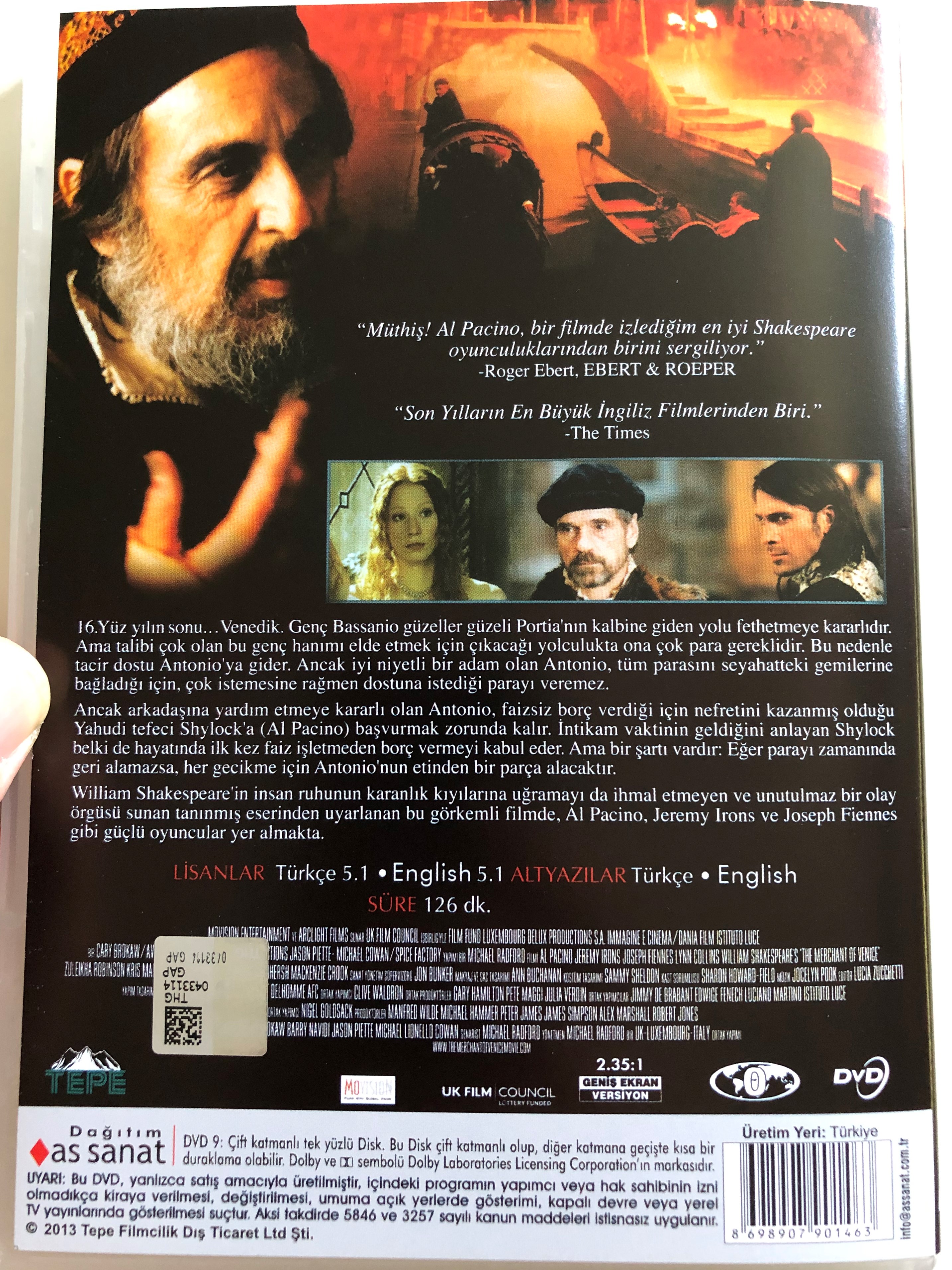 William Shakespeare's The Merchant of Venice DVD 2004 Venedik Taciri ...