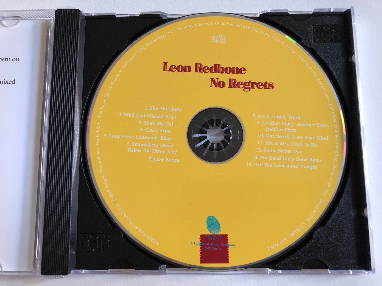https://cdn10.bigcommerce.com/s-62bdpkt7pb/products/0/images/188744/Leon_Redbone_No_Regrets_Blue_Thumb_Records_Audio_CD_549_766-2_3__02949.1629786224.1280.1280.JPG?c=2&_gl=1*166rvuf*_ga*MjA2NTIxMjE2MC4xNTkwNTEyNTMy*_ga_WS2VZYPC6G*MTYyOTc4NDA0NC40Mi4xLjE2Mjk3ODU5NzUuNTg.
