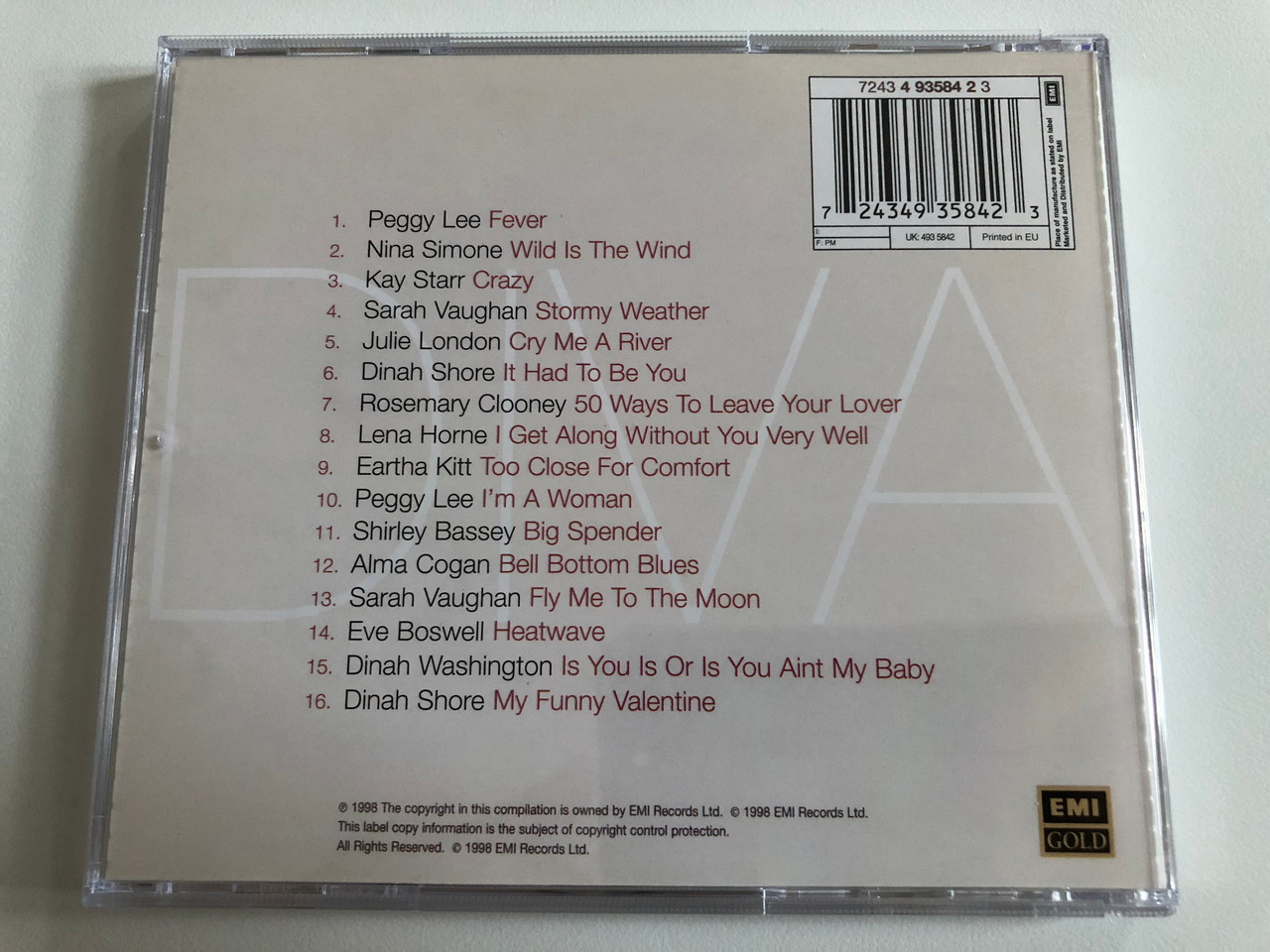 https://cdn10.bigcommerce.com/s-62bdpkt7pb/products/0/images/192410/Diva_Featuring_Nina_Simone_Shirley_Bassey_Dinah_Shore_Peggy_Lee_Sarah_Vaughan_Eartha_Kitt_Rosemary_Clooney_and_many_more_EMI_Gold_Audio_CD_1998_724349358423_5__17036.1632287605.1280.1280.JPG?c=2&_gl=1*1xwtxsj*_ga*MjA2NTIxMjE2MC4xNTkwNTEyNTMy*_ga_WS2VZYPC6G*MTYzMjI4NzA1MS45NS4xLjE2MzIyODczODkuMTg.