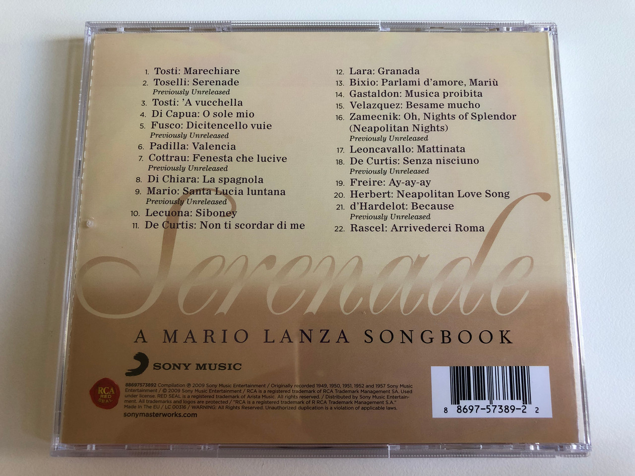 https://cdn10.bigcommerce.com/s-62bdpkt7pb/products/0/images/208110/Serenade_-_Mario_Lanza_-_Songbook_The_Ultimate_Collection_Featuring_7_Previously_Unreleased_Recordings_RCA_Red_Seal_Audio_CD_2009_88697573892_4__83136.1642659735.1280.1280.JPG?c=2&_gl=1*r6i08d*_ga*MjA2NTIxMjE2MC4xNTkwNTEyNTMy*_ga_WS2VZYPC6G*MTY0MjY1NTc3MC4yNjcuMS4xNjQyNjU5NTE2LjQy