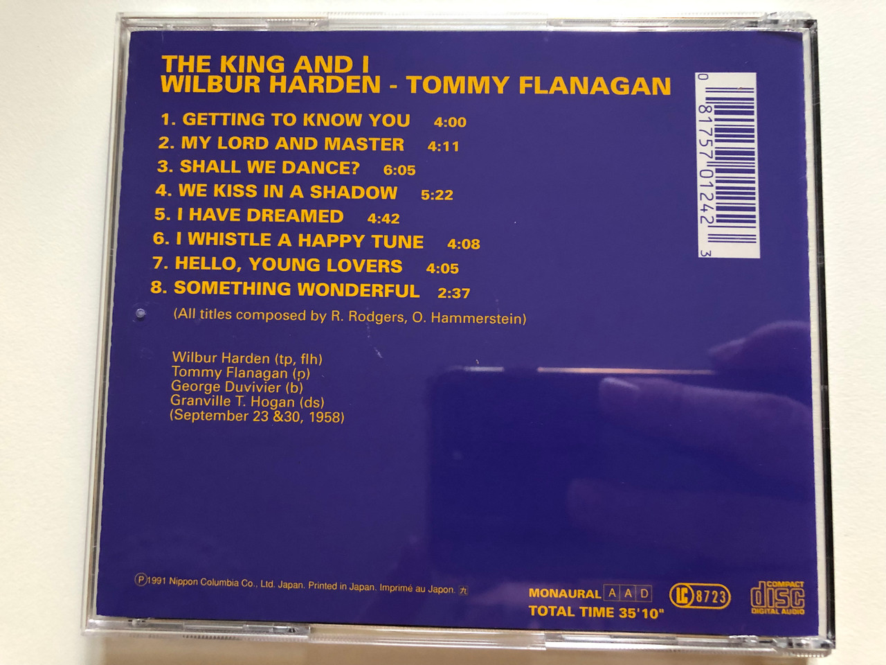 https://cdn10.bigcommerce.com/s-62bdpkt7pb/products/0/images/264616/Wilbur_Harden_The_King_And_I_with_Tommy_Flanagan_George_Duvivier_G._T._Hogan_The_Hit_Musical_Music_By_Richard_Rodgers_Lyrics_by_Oscar_Hammerstein_II_Denon_Audio_CD_1991_SV-0124_2__52258.1674463897.1280.1280.JPG?c=2&_gl=1*11ua5av*_ga*MjA2NTIxMjE2MC4xNTkwNTEyNTMy*_ga_WS2VZYPC6G*MTY3NDQ1NjkwMy43MjUuMS4xNjc0NDYzODg2LjYwLjAuMA..