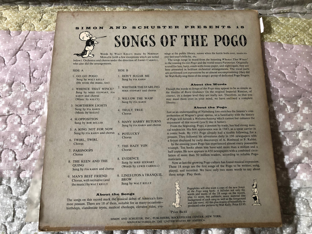 https://cdn10.bigcommerce.com/s-62bdpkt7pb/products/0/images/275015/Songs_Of_The_Pogo_-_by_Walt_Kelly_With_Norman_Monath_18_Songs_from_the_book_Sung_by_Walt_Kelly_Fia_Karin_Mike_Stewart_Bob_Miller_Orchestra_And_Chorus_under_the_direction_of_Jimmy_Carroll_Simon_S__36710.1684482684.1280.1280.JPG?c=2&_gl=1*if05e*_ga*MjA2NTIxMjE2MC4xNTkwNTEyNTMy*_ga_WS2VZYPC6G*MTY4NDQ3ODM2Ny45MDMuMS4xNjg0NDgyMzMxLjU5LjAuMA..