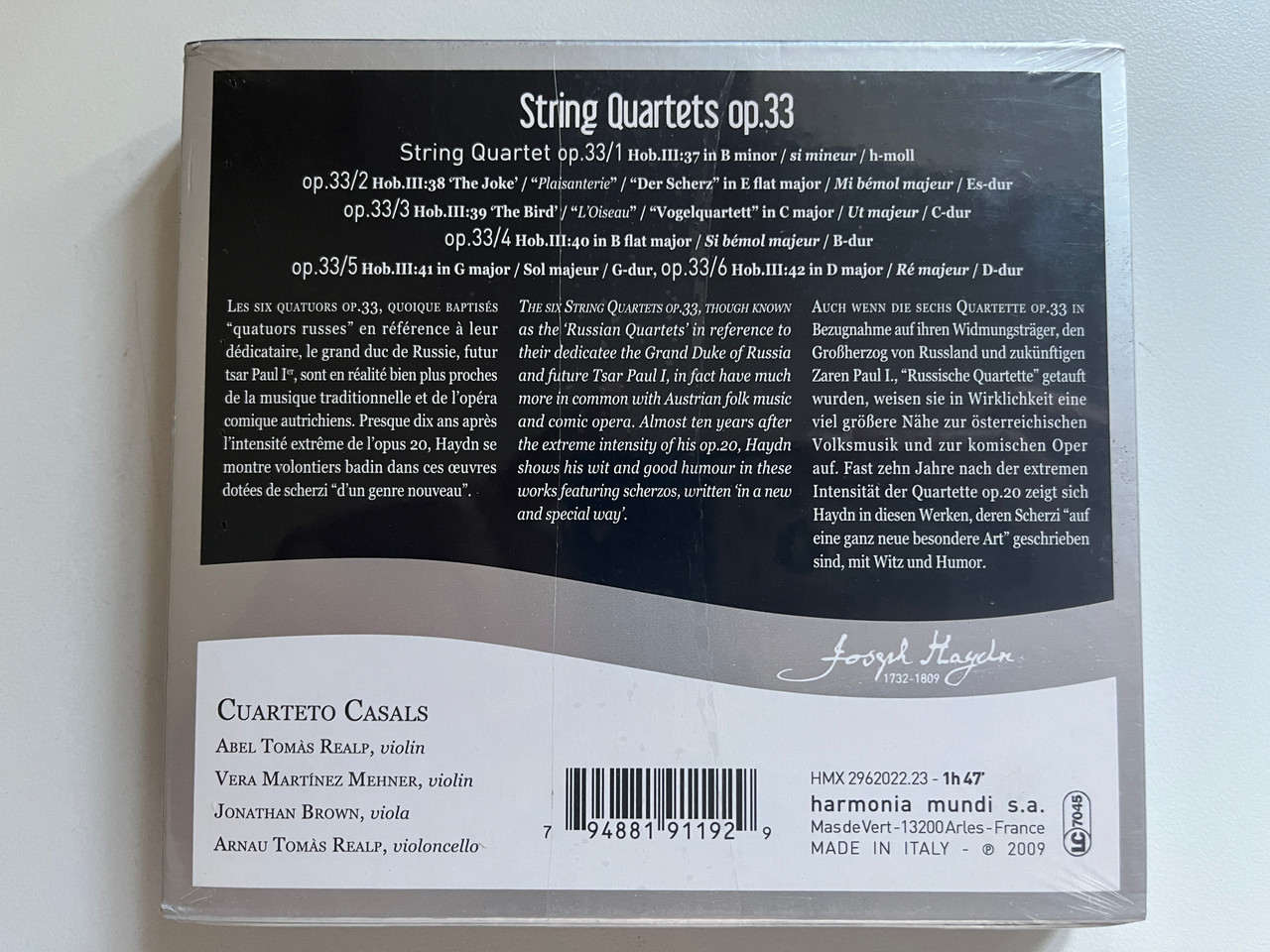 https://cdn10.bigcommerce.com/s-62bdpkt7pb/products/0/images/294358/Joseph_Haydn_String_Quartets_Op._33_-_Cuarteto_Casals_Haydn_The_Harmonia_Mundi_Edition_Haydn_Edition_2009_New_Recording_Harmonia_Mundi_2x_Audio_CD_2009_HMX_2962022_3__63723.1692346404.1280.1280.JPG?c=2&_gl=1*qsqrya*_ga*MjA2NTIxMjE2MC4xNTkwNTEyNTMy*_ga_WS2VZYPC6G*MTY5MjMzNTU2Ny4xMDM1LjEuMTY5MjM0NjM1NS42MC4wLjA.