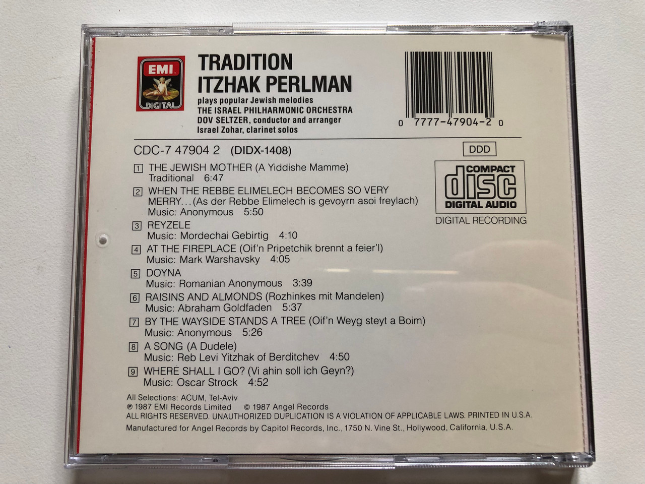 https://cdn10.bigcommerce.com/s-62bdpkt7pb/products/0/images/306132/Tradition_-_Itzhak_Perlman_Plays_Popular_Jewish_Melodies_-_The_Israel_Philharmonic_Orchestra_Dov_Seltzer_conductor_and_arranger_EMI_Digital_Audio_CD_1987_CDC-7_47904_2_2__56928.1698158532.1280.1280.JPG?c=2