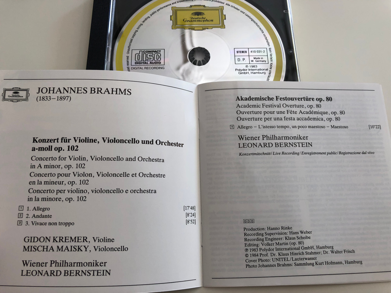 brahms doppelkonzert double concerto gidon kremer mischa maisky wiener philharmoniker conducted by leonard bernstein audio cd 1983