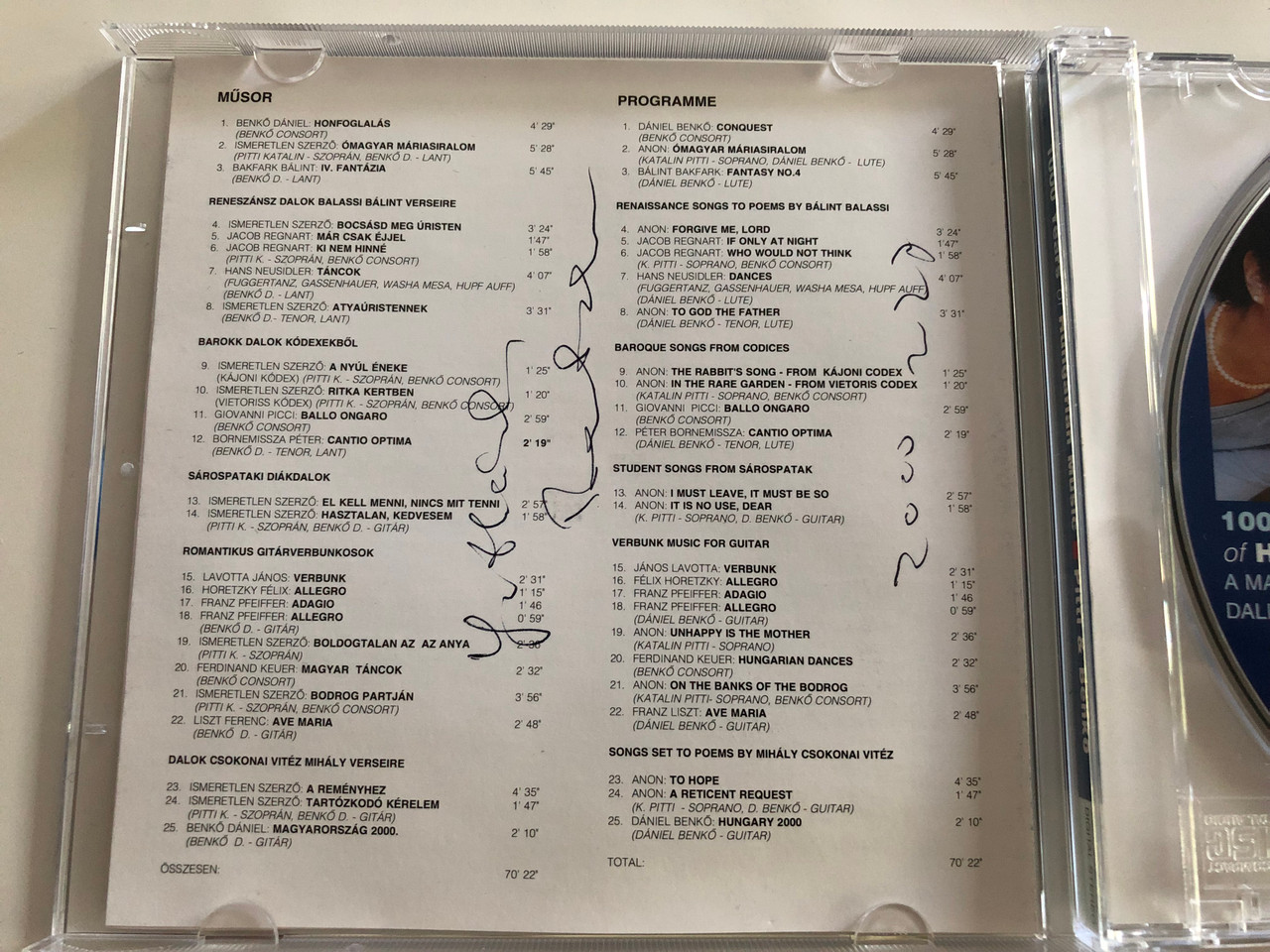 1000 Years of Hungarian Music / Katalin Pitti soprano, Dániel Benkő lute,  guitar / A magyar zene 1000 éve dalban, lanttal és gitárral / CÉH CCD 0627  / Audio CD 2000 - bibleinmylanguage
