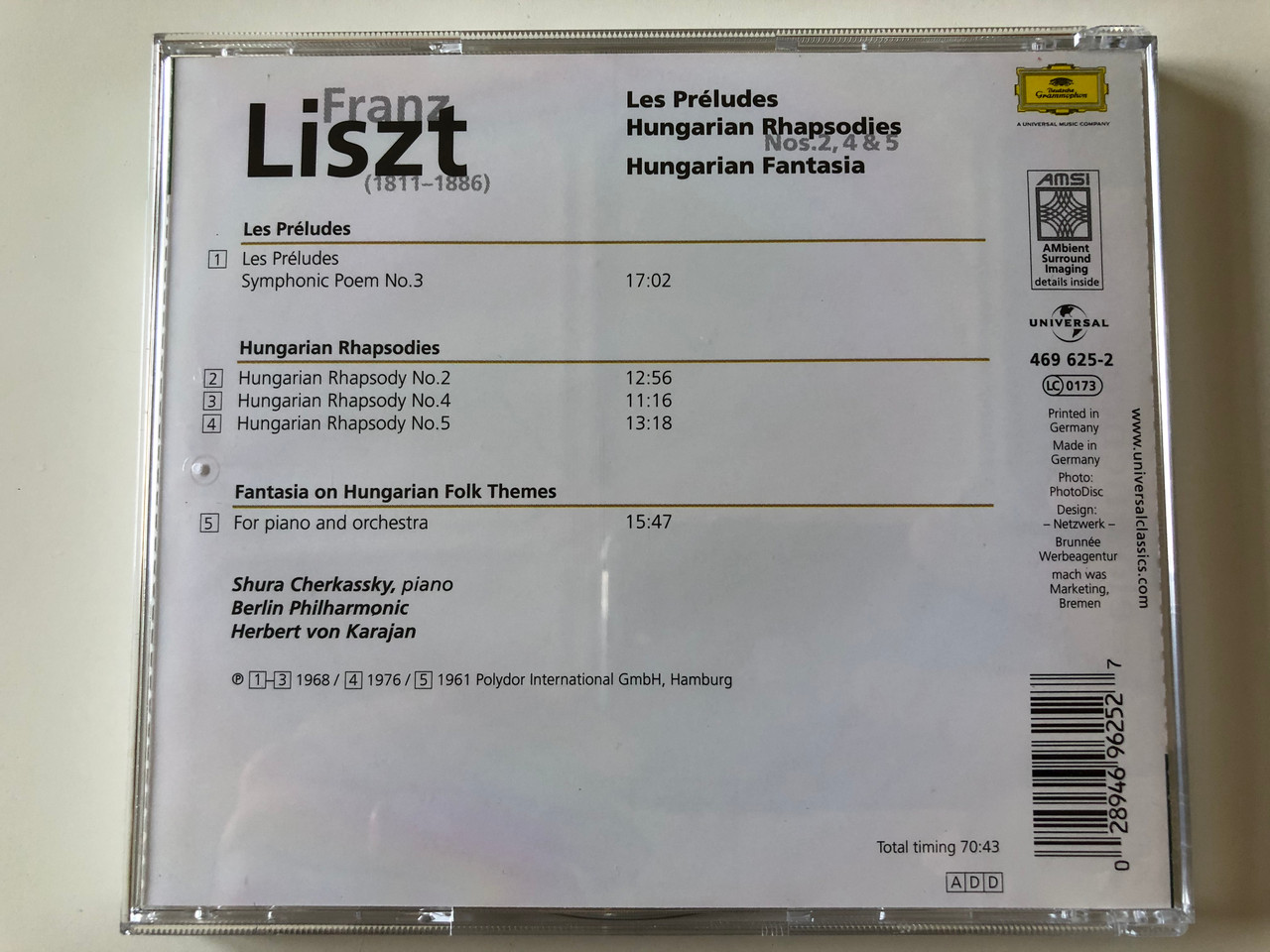 Franz Liszt Les Preludes Hungarian Rhapsodies Nos 2 4 5 Hungarian Fantasia Berlin Philharmonic Herbet Von Karajan Deutsche Grammophon Audio Cd 469 625 2 Bibleinmylanguage