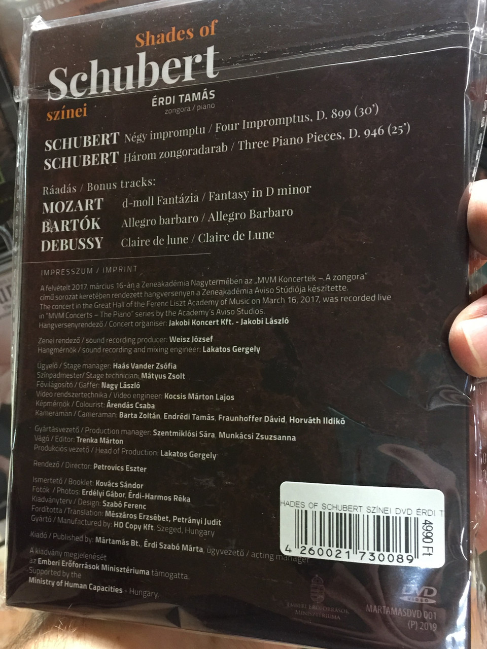 Shades of Schubert - Schubert színei DVD 2019 / Érdi Tamás piano - zongora  / Four impromptus, D.899, Three Piano Pieces D. 946 / Bonus tracks: Mozart  - Fantasy in D minor,