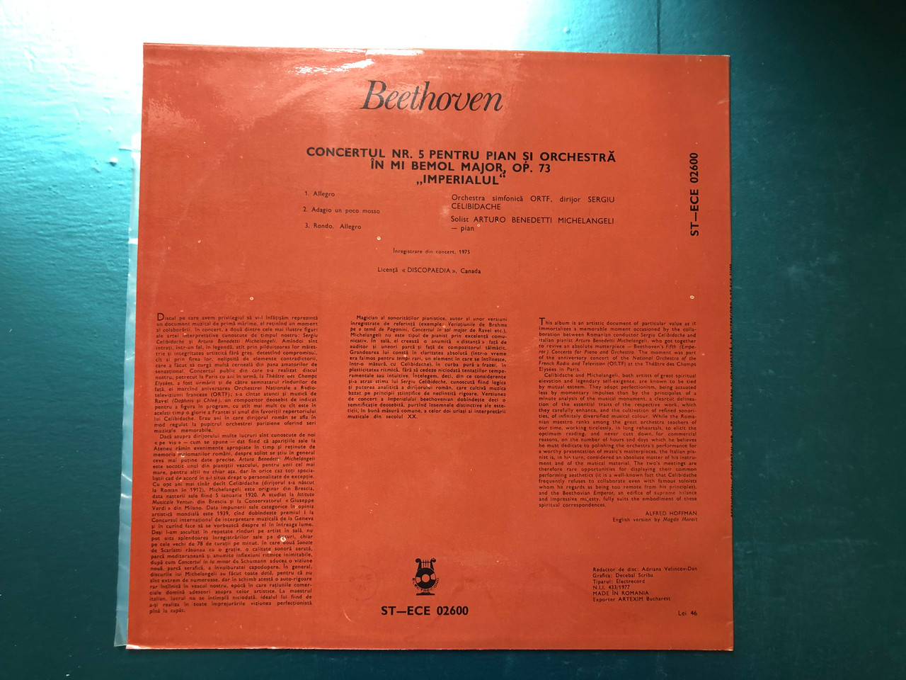 Arturo Benedetti Michelangeli (piano) - Beethoven - Concerto No.5 For Piano  And Orchestra "Emperor" / ORTF Orchestra, Cond. Sergiu Celibidache /  Electrecord LP Stereo / ST-ECE 02600 - bibleinmylanguage